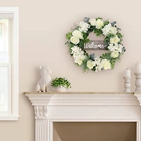 26" Artificial Peony, Hydrangea & Rose Floral Spring Wreath with Wood Welcome Sign