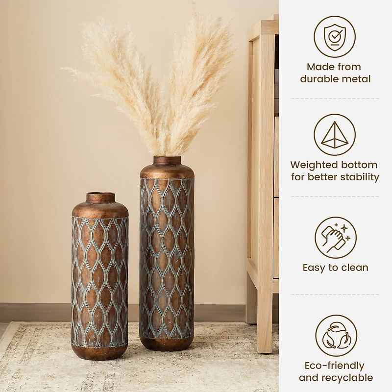 Glitzhome® Antique Gold with Verdigris Finish Cylinder Metal Floor Vases Set