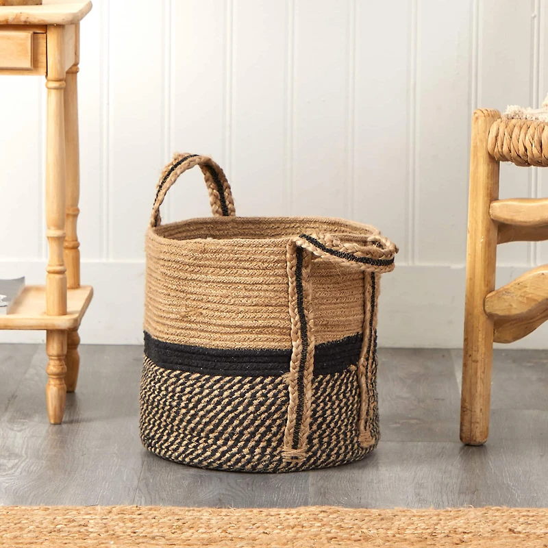 13'' Black Bottom Natural Cotton & Jute Boho Chic Basket Planter