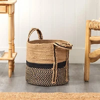 13'' Black Bottom Natural Cotton & Jute Boho Chic Basket Planter