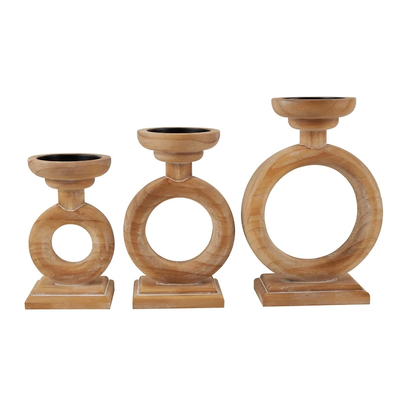 Brown Wood Circular Ring Candle Holder Set