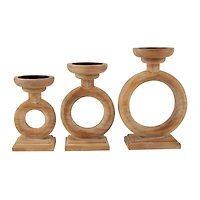 Brown Wood Circular Ring Candle Holder Set
