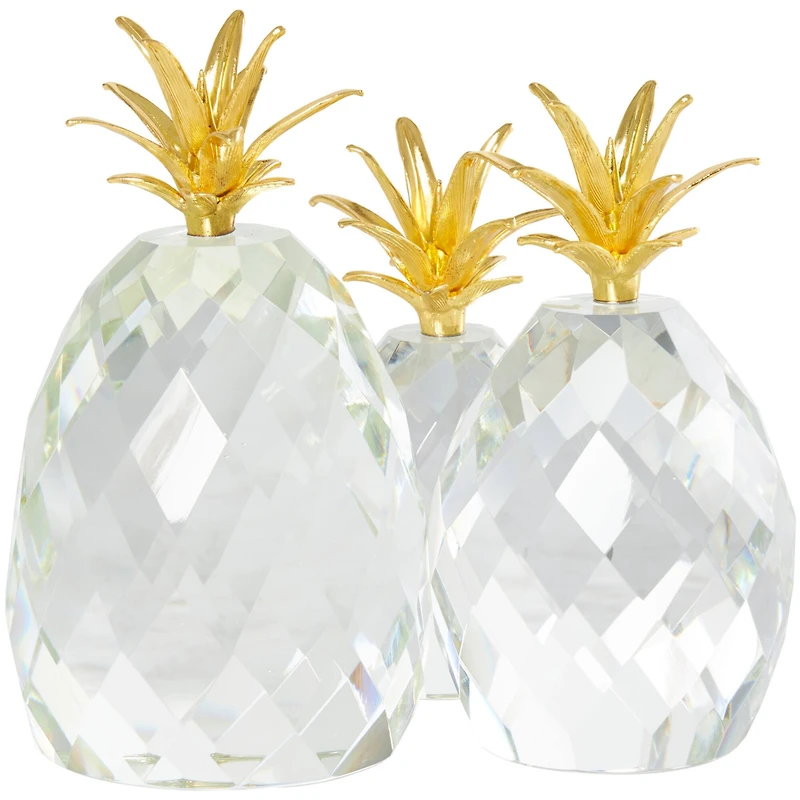 Clear & Gold Crystal Faceted Pineapple Sculpture Set