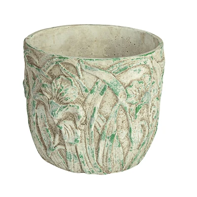 Hello Honey® 9.75" Distressed Green Embossed Floral Cement Planter