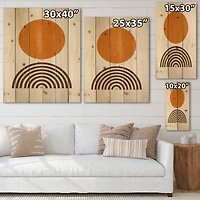 Designart - Abstract Minimal Orange Sun and Rainbow I - Modern Print on Natural Pine Wood