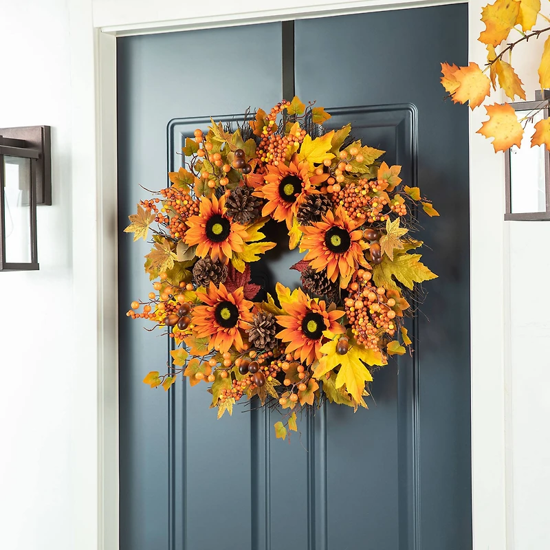 Glitzhome® 24" Fall Sunflower, Maple Leaf &  Berry Wreath