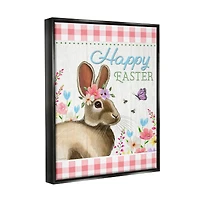 Stupell Industries Happy Easter Floral Gingham Rabbit Floater Framed Art