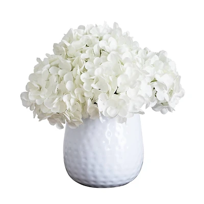 11" White Hydrangea Arrangement in White Metal Vase