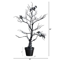 2ft. Pre-Lit Artificial Halloween Black Spooky Twig Tree with Bats and 40 Orange & Purple LED Lights