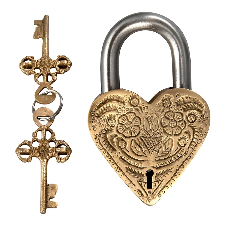 Hello Honey® Matte Finish Brass & Stainless Steel Heart-Shaped Lock with Flowers Set