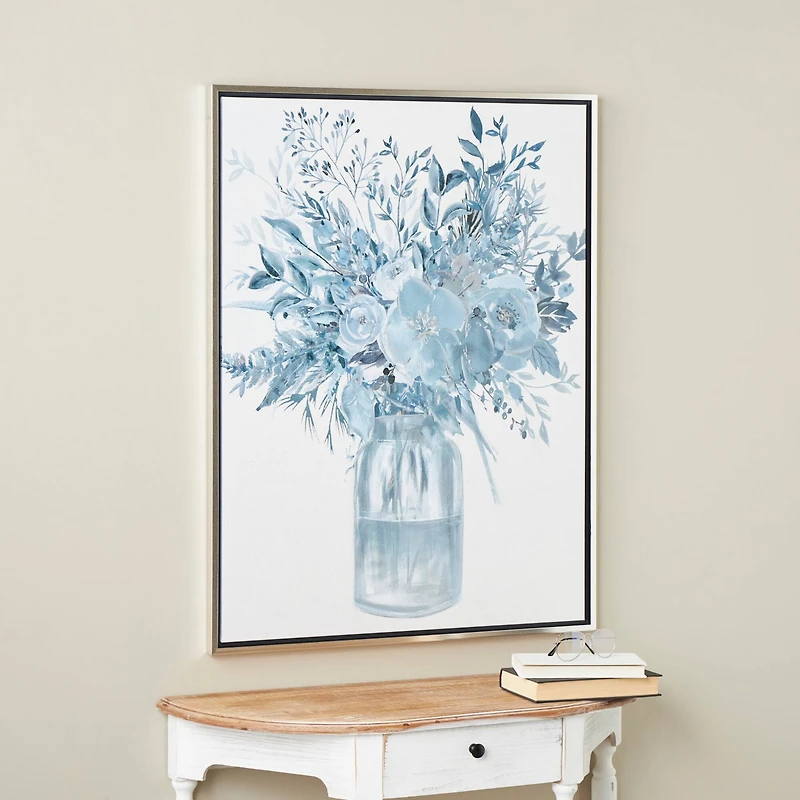 30" x 40" Blue Canvas Floral Bouquet Framed Wall Art with Silver Frame