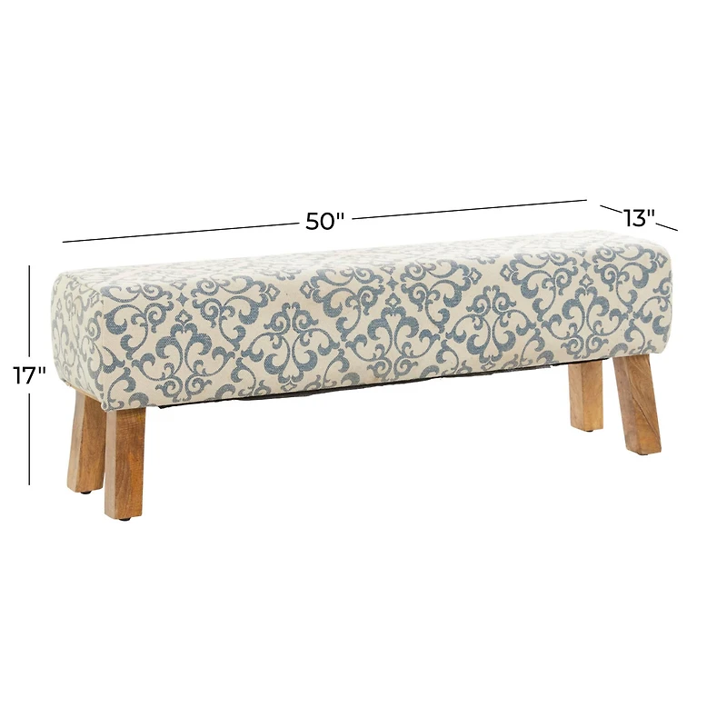 50" Cream Fabric Arabesque Scroll Bench with Wood Legs