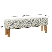 50" Cream Fabric Arabesque Scroll Bench with Wood Legs