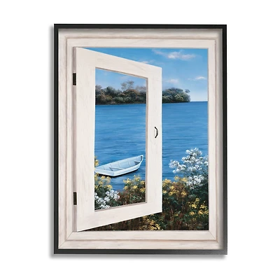 Stupell Industries Lakefront Window Charming Floral Island Boat in Black Frame Wall Art