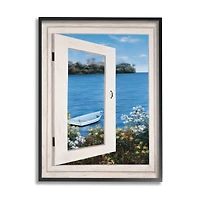 Stupell Industries Lakefront Window Charming Floral Island Boat in Black Frame Wall Art