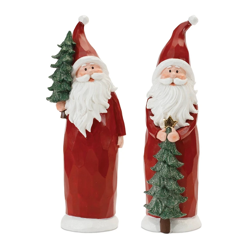 15" Carved Santa with Glittered Pine Set