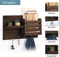 NEX™ Rustic Brown Wall-Mounted Mail Envelope Organizer with Key Hooks
