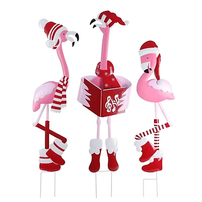 Christmas Metal Flamingo Trio Yard Art