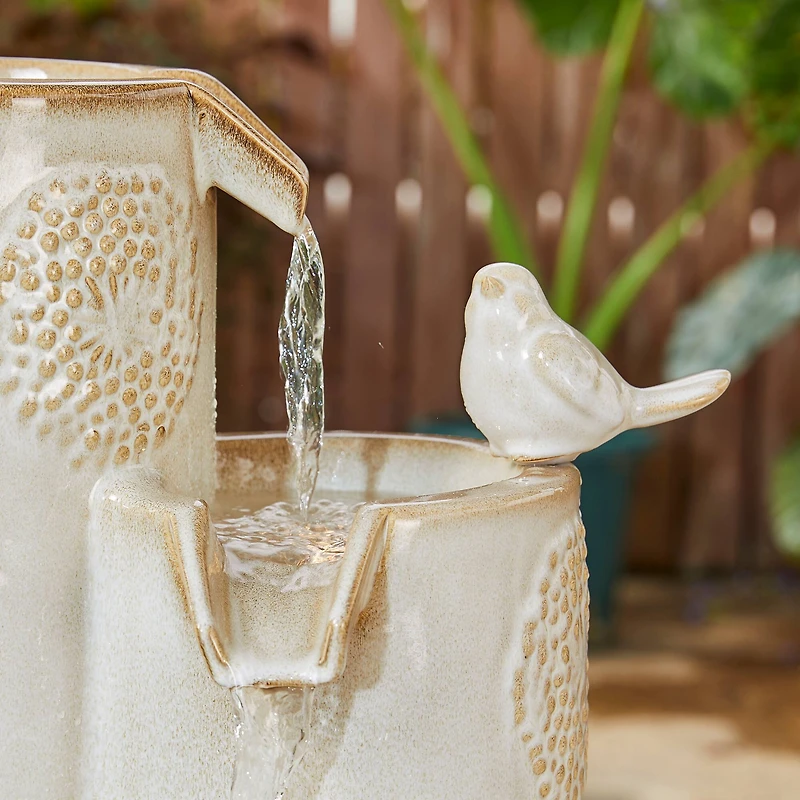 Glitzhome® 31.75" Beige 4-Tier Dandelion Texture Vase-Shaped Ceramic Outdoor Fountain with LED Light