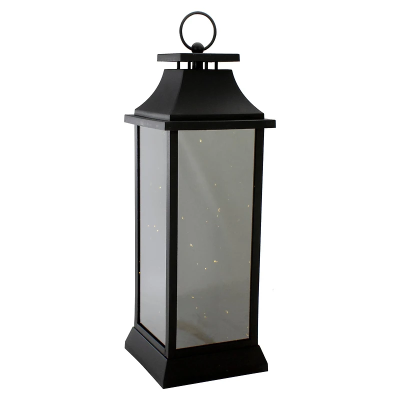 19" Black LED Mirrored Lantern with Warm White Flickering Lights
