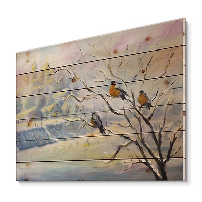Designart - Rustic Birds On A Tree In Winter Village