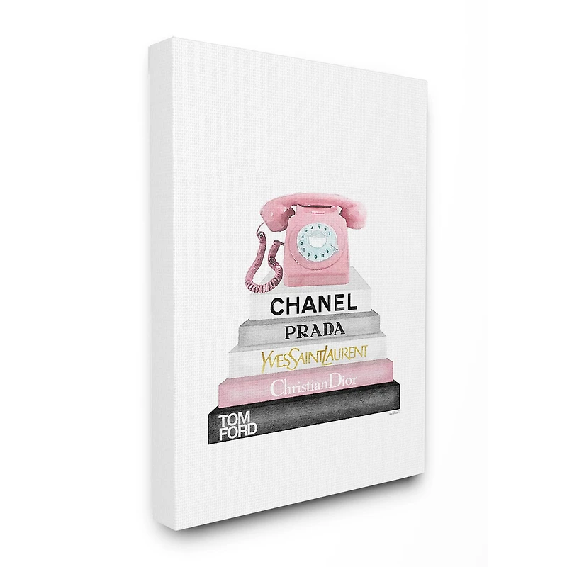 Stupell Industries Grey Pink and Black Fashion Bookstack with Pink Phone Canvas Wall Art