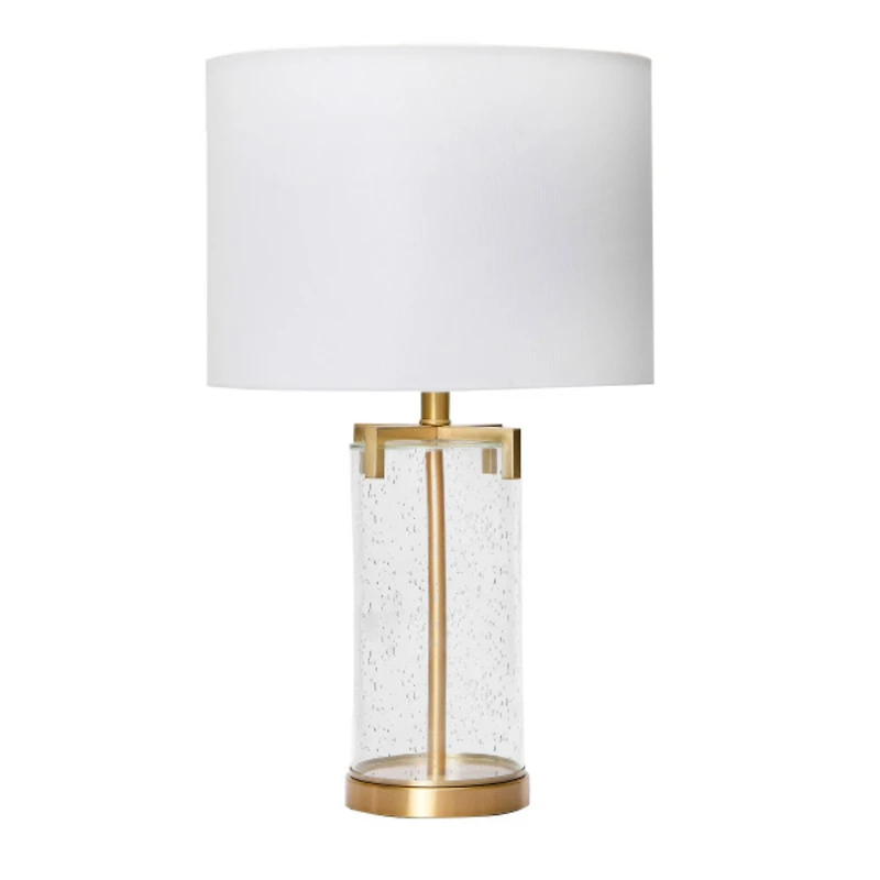 Hello Honey® Glass & Metal Brushed Gold Lamp with White Linen Shade