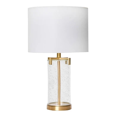Hello Honey® Glass & Metal Brushed Gold Lamp with White Linen Shade