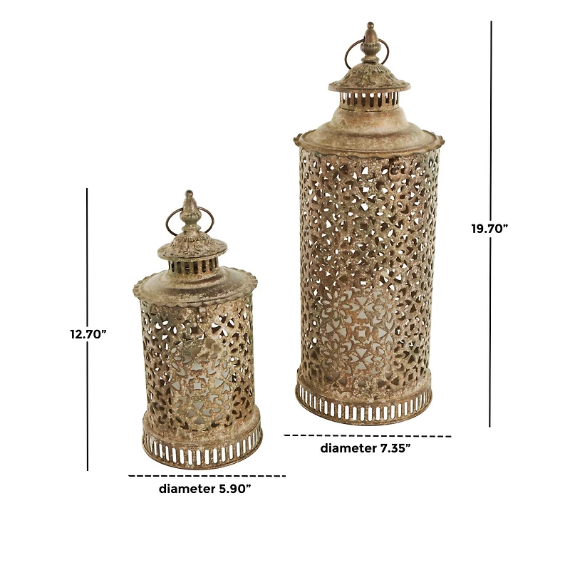 Brown Distressed Ornate Floral Candle Lantern Set