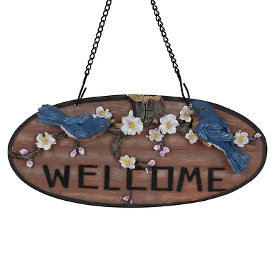 12" Bluebirds & Flowers Hanging Welcome Sign