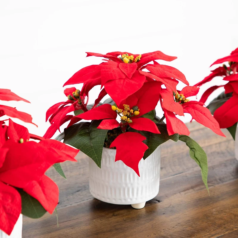 9" Artificial Poinsettia Arrangements in White Ceramic Pots, 3ct.