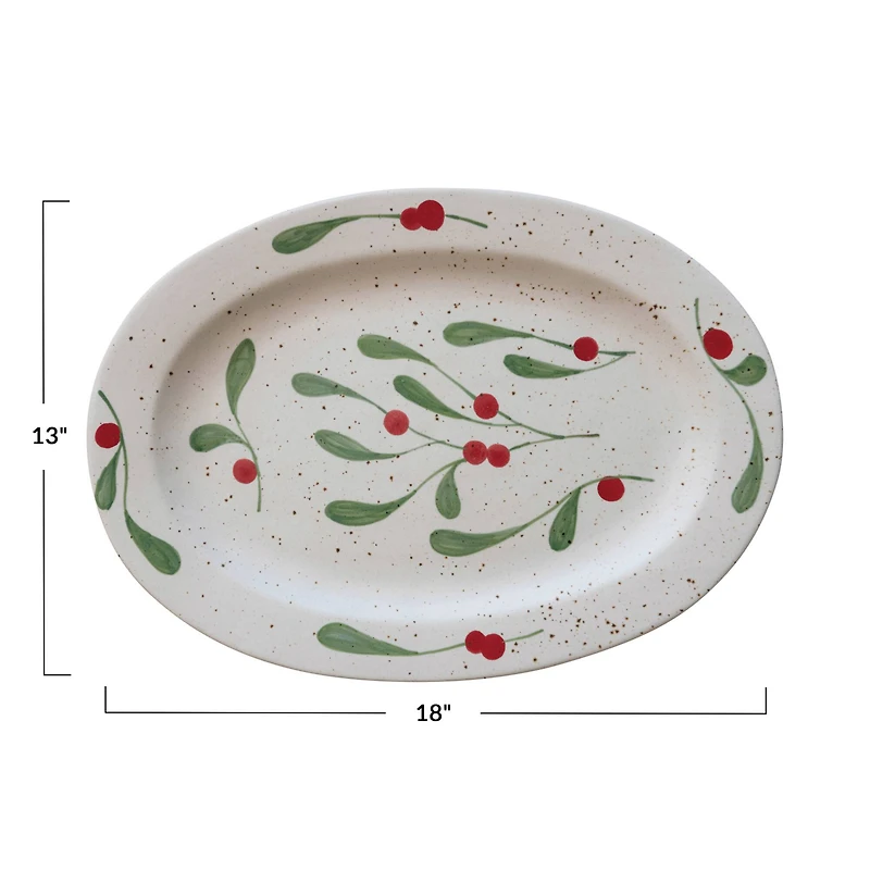 Hello Honey® 18" Hand-Painted Speckled Stoneware Platter with Holly Leaves & Berries