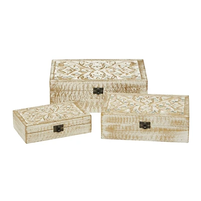 Distressed White Wooden Filigree Decorative Box Set