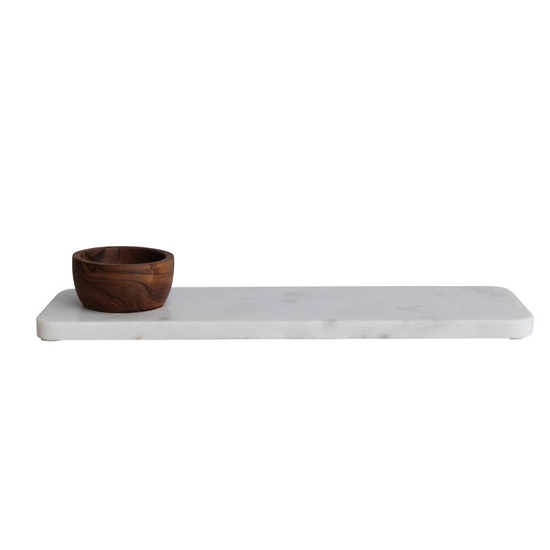Hello Honey® 15" White Modern Marble Charcuterie Board with Brown Acacia Wood Bowl