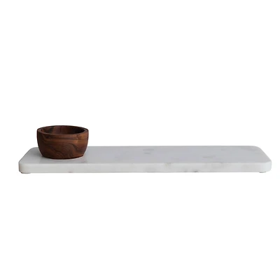 Hello Honey® 15" White Modern Marble Charcuterie Board with Brown Acacia Wood Bowl