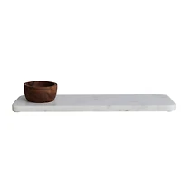 Hello Honey® 15" White Modern Marble Charcuterie Board with Brown Acacia Wood Bowl