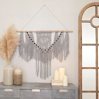 Gray Cotton Intricately Weaved Macrame Wall Decor with Beaded Fringe Tassels 36" x 1" x 47"
