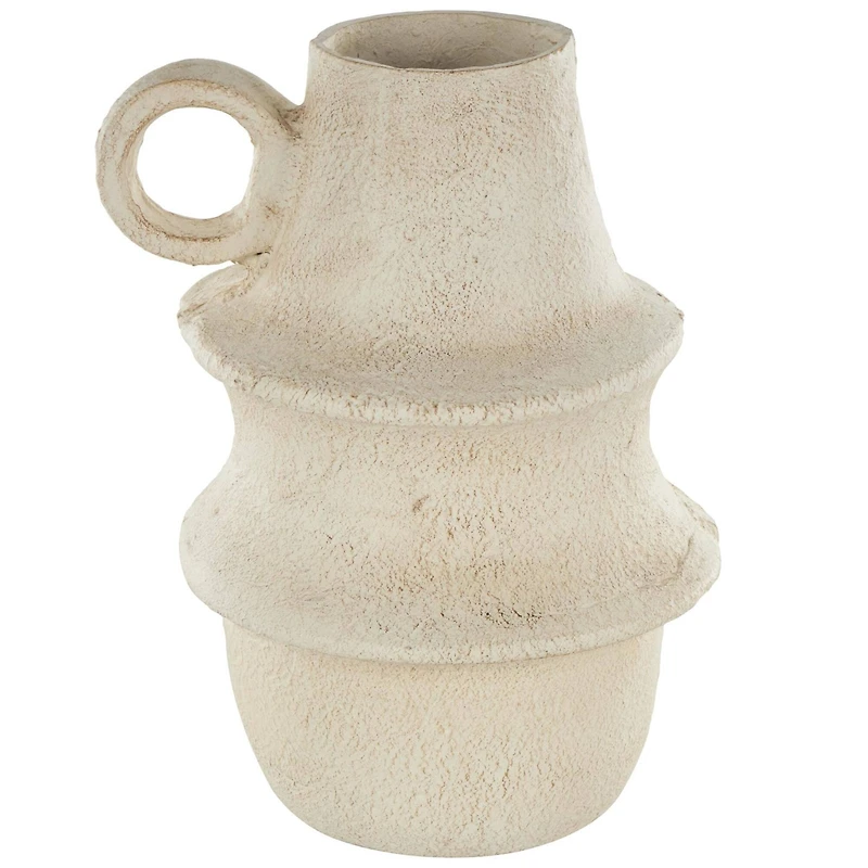 15.25" Cream Textured Paper Mache Fluted Vase with Ring Handle