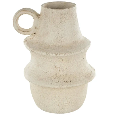 15.25" Cream Textured Paper Mache Fluted Vase with Ring Handle