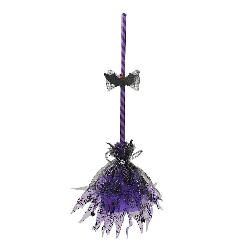 29" Purple & Black Striped Animated Witches Halloween Broom with Bat Accents