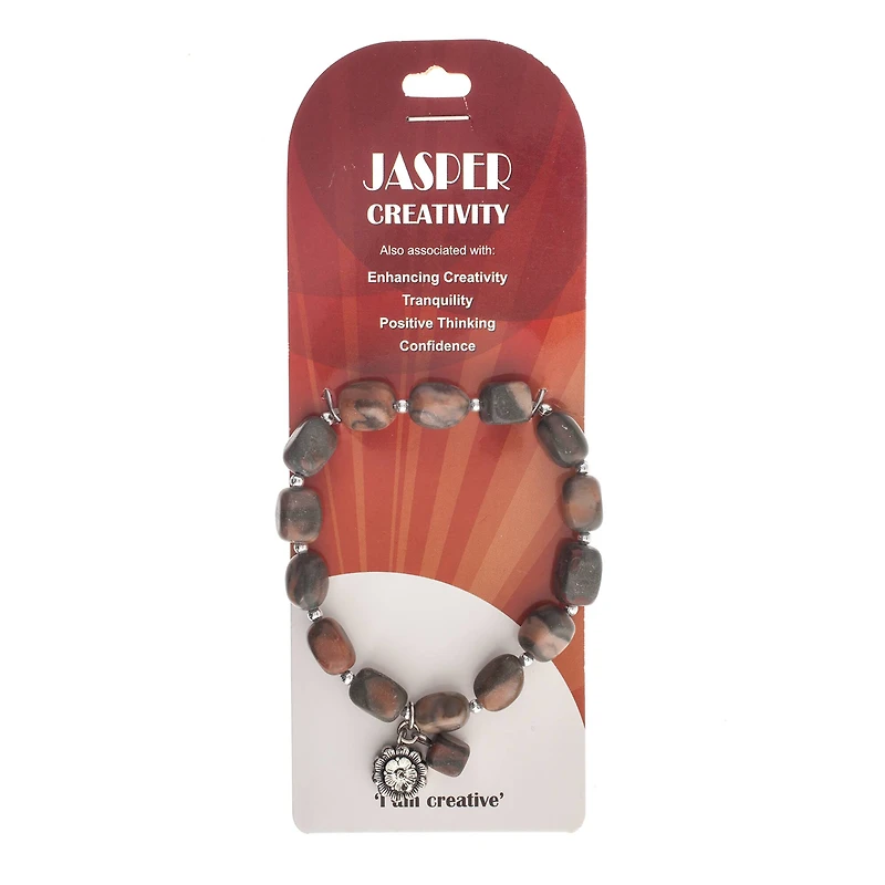 John Bead Jasper Gray Natural Stone Stretch Bracelet with Flower Charm