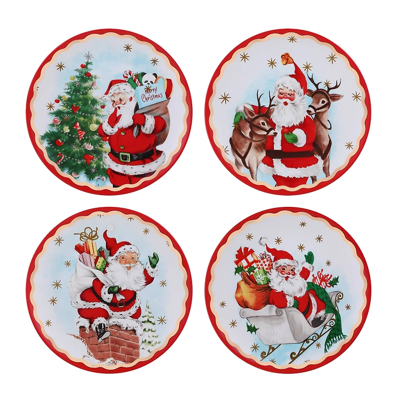 90th Anniversary Collection 8" Gold & Red Trimmed Ceramic Santa Plates, 4ct.