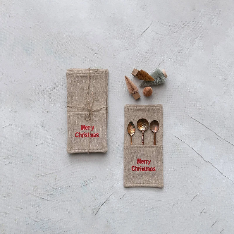 Hello Honey® 10.5" Beige & Red Woven Cotton Cutlery Sleeves with Christmas Embroidery, 4ct.