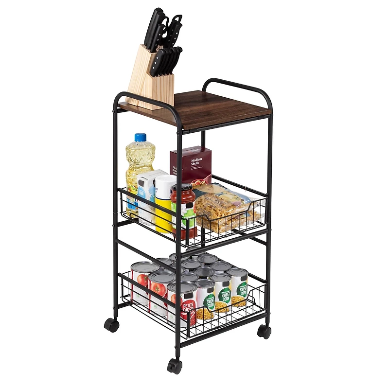 Honey Can Do Black & Natural 3-Tier Slim Rolling Cart
