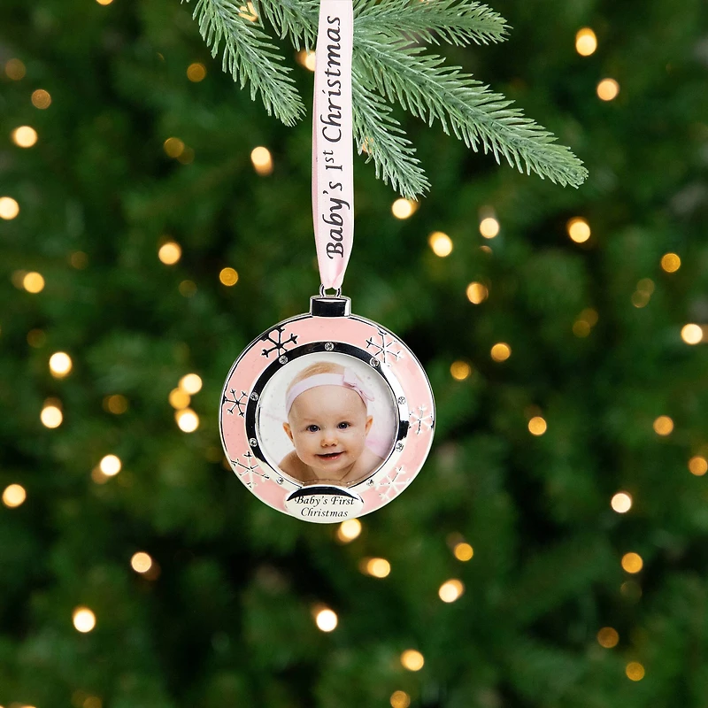 Pink & Silver Baby's First Christmas Crystal Embellished Photo Ornament