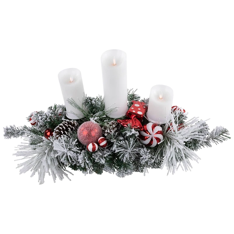 Triple Candle Holder with Flocked Pine and Christmas Ornaments - 32" - Red and White