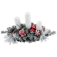 Triple Candle Holder with Flocked Pine and Christmas Ornaments - 32" - Red and White