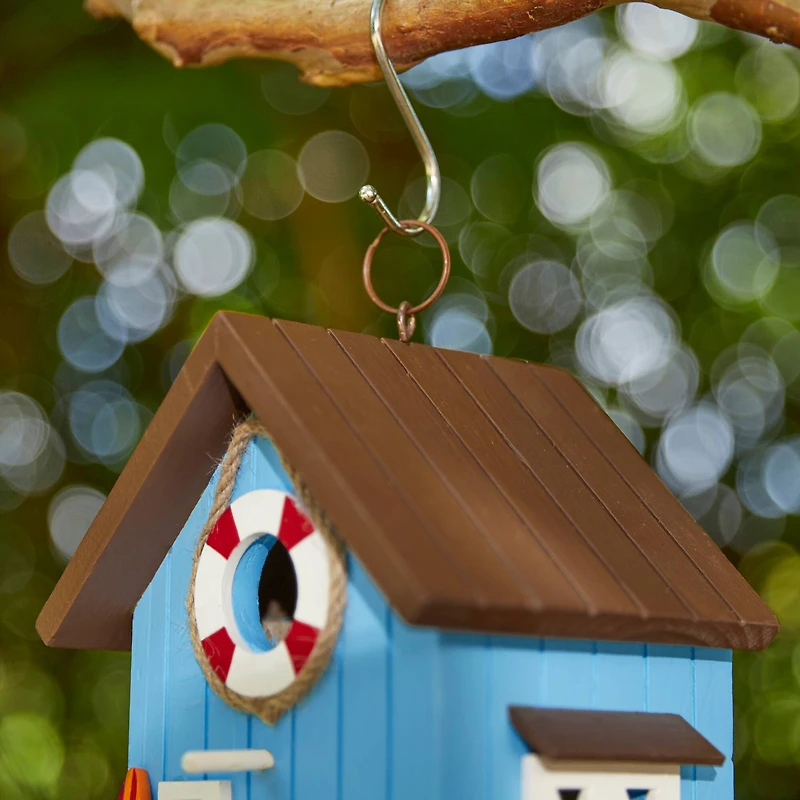 Glitzhome® 10" Modern Blue Wood Beach Hut Birdhouse