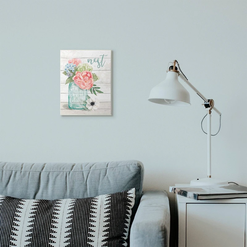 Stupell Industries Nest Grow Flower Jar Rustic Wood Textured Word Design Framed Wall Art