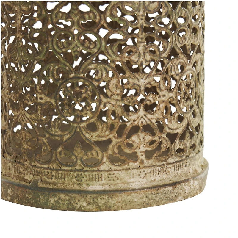 Brown Ornate Scroll Metal Candle Lantern Set